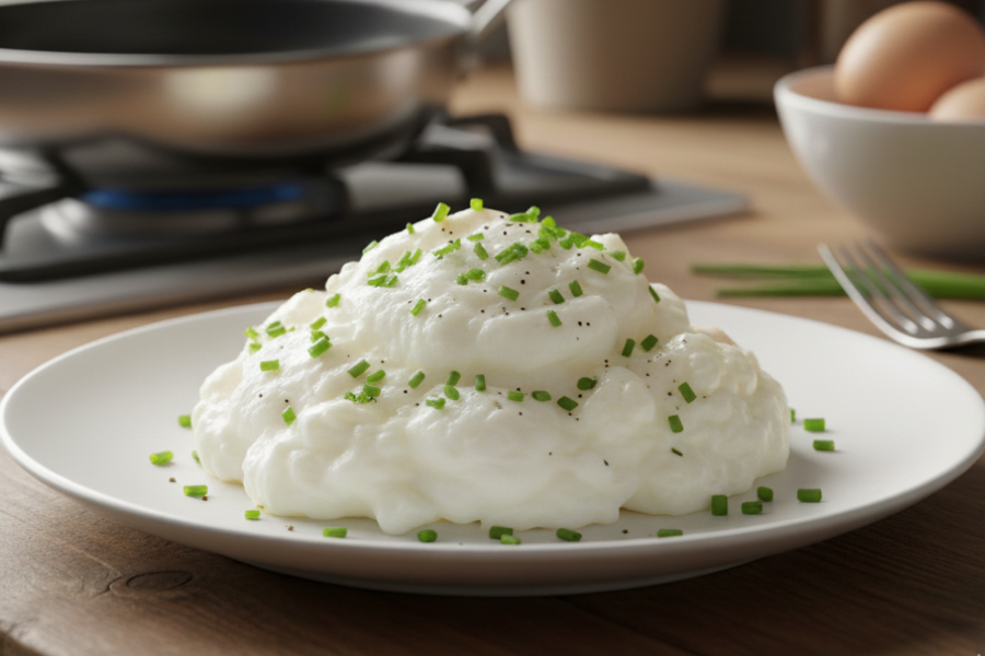 A plate of fluffy scrambled egg whites, seasoned with a sprinkle of red pepper flakes.